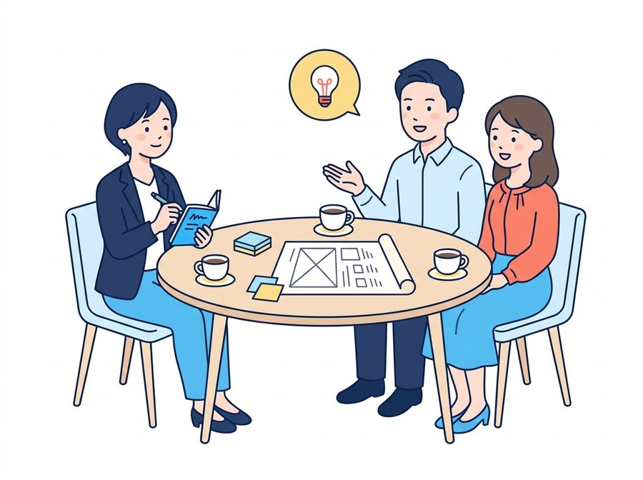 ヒアリングで、お客様と一緒にサイトの構成を考えている様子のイラスト