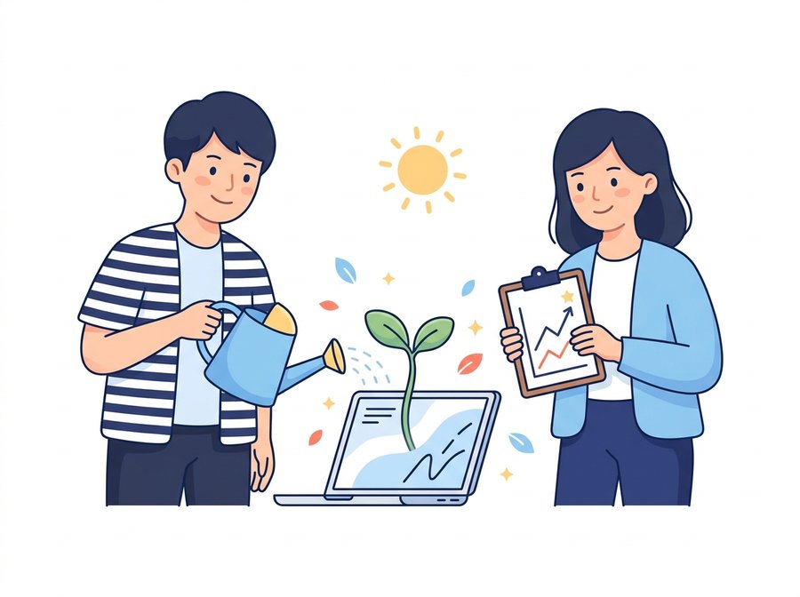 公開後のホームページを一緒に育てていく様子のイラスト