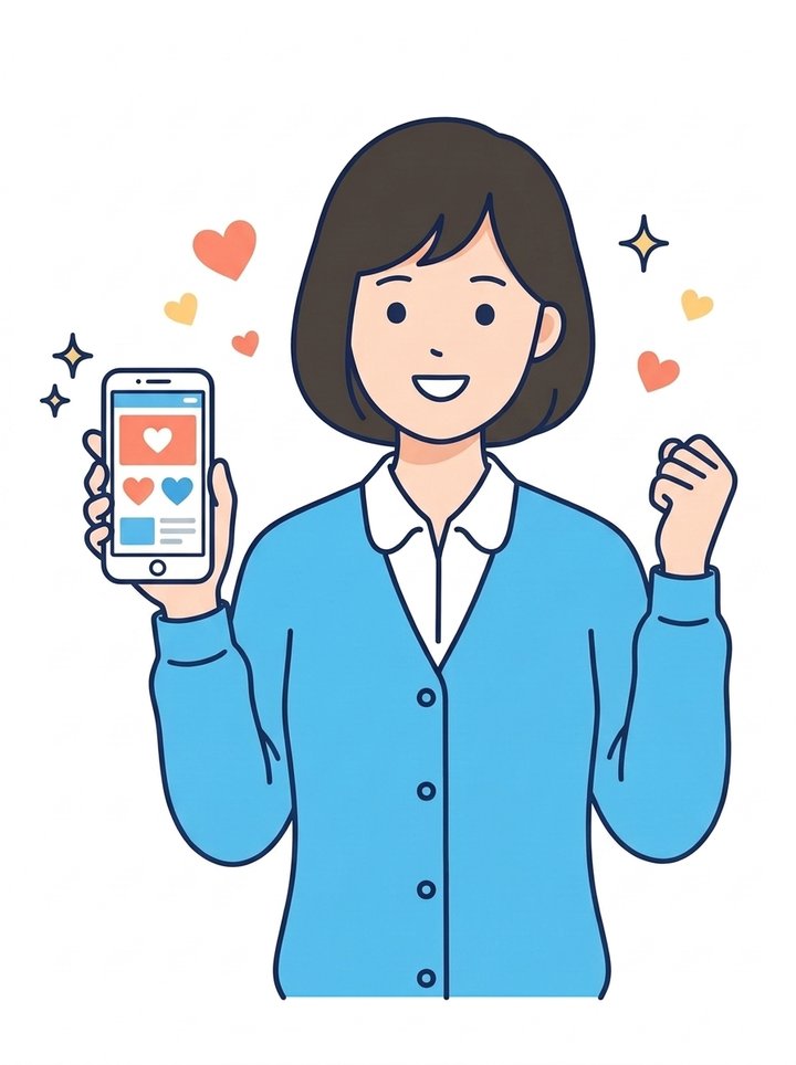 スマートフォンでホームページを見て喜んでいる女性のイラスト
