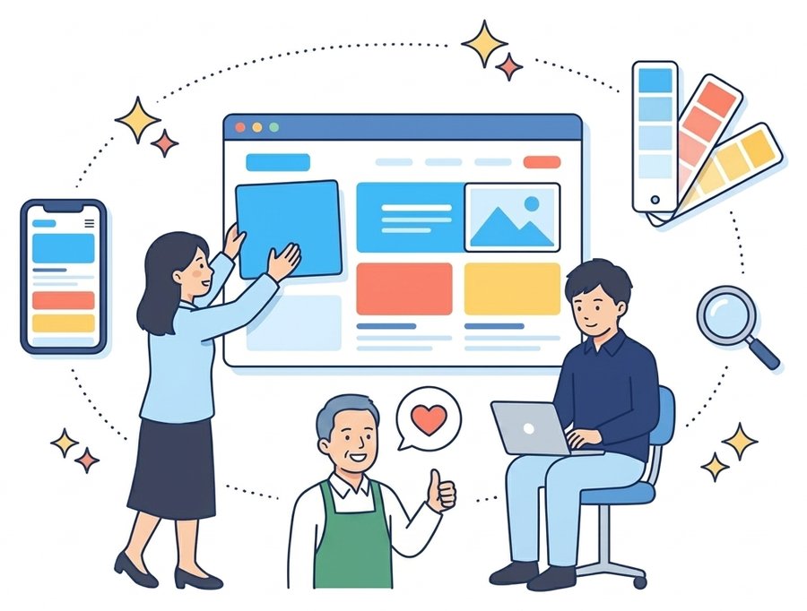 デザイナーとエンジニアがホームページを組み立て、お店のオーナーが喜んでいるイラスト
