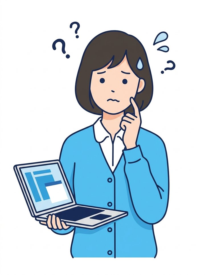 ノートパソコンを持って困った顔をしている女性のイラスト