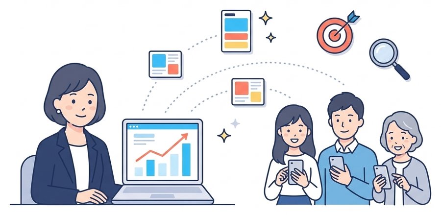 マーケターが配信した広告が、スマートフォンを持った人たちに届いている様子のイラスト