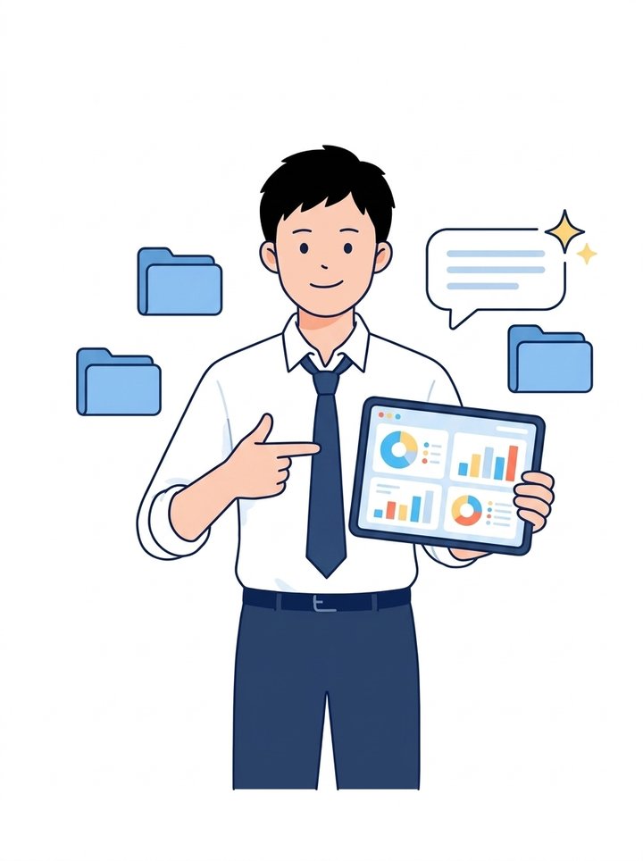 整理された管理画面のタブレットを手に笑顔の会社員のイラスト