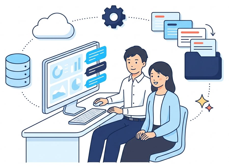 エンジニアと社員が、AIチャットや管理画面が表示されたモニターを見ているイラスト