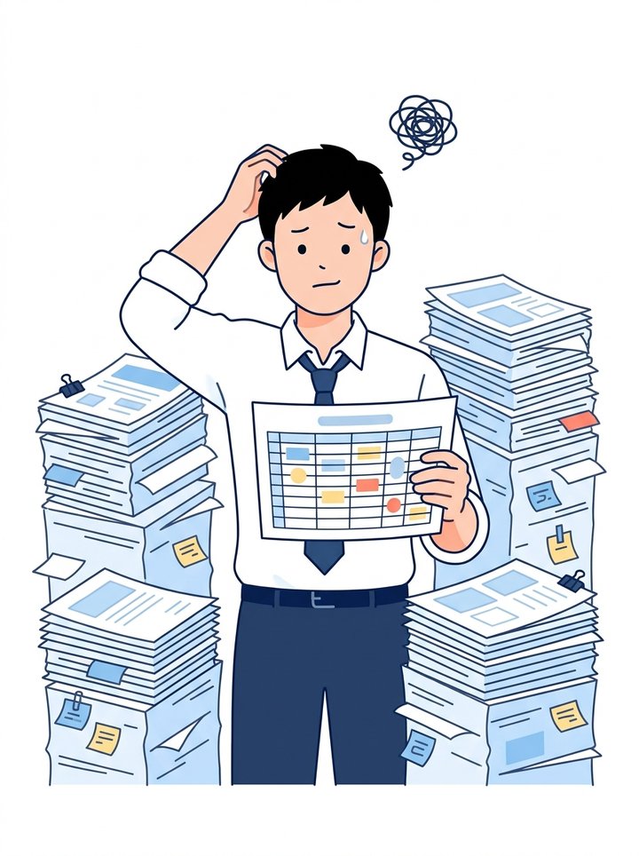 書類の山に囲まれて困っている会社員のイラスト