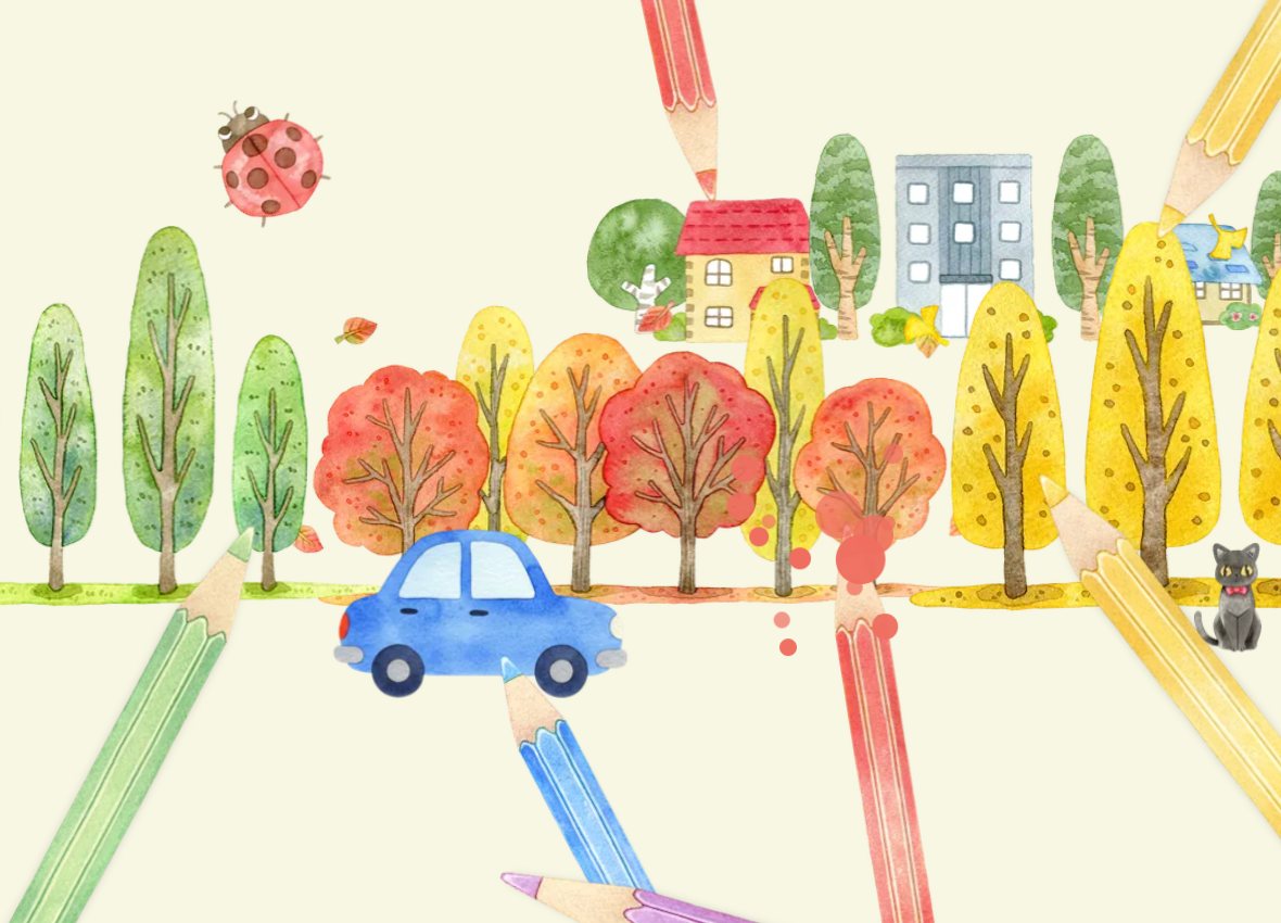赤い色鉛筆の先から、赤い絵の具のしずくが飛び散っている様子