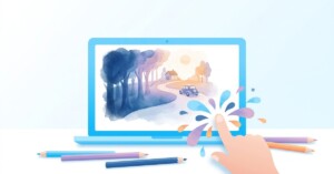 パソコンの画面のイラストを指でタップすると、絵の具がはじける様子を描いたイラスト