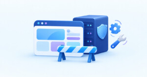 サーバーに盾の形のパッチが貼られ、Webサイトの画面の前に点検中の柵が置かれたイラスト