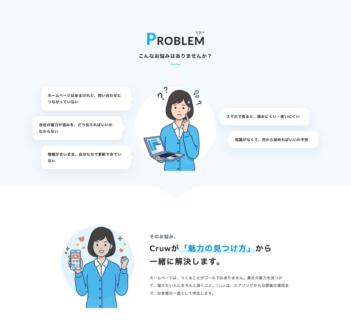 左右の吹き出しにお悩みが並び、真ん中に困った顔の女性。その下に、同じ女性が笑顔でスマートフォンを持ち「そのお悩み、Cruwが『魅力の見つけ方』から一緒に解決します。」と書かれている