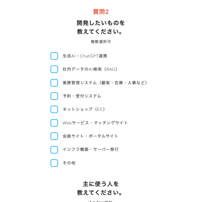 質問2の画面。開発したいものをチェックボックスで選ぶ