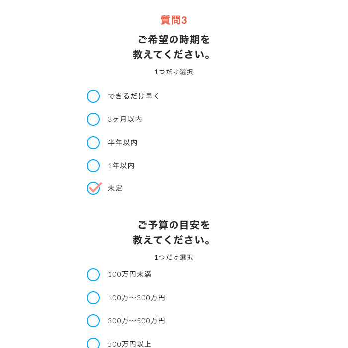 質問3の画面。希望の時期と予算の目安を選ぶ